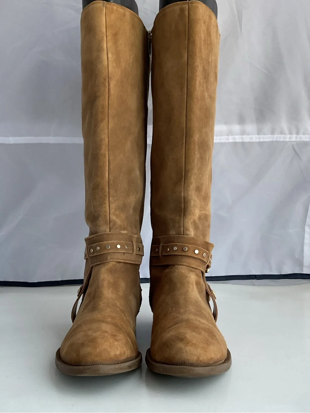 Nine West Luciana Tan Suede Studded Ankle Straps Riding Boots Women’s Size 6.5M